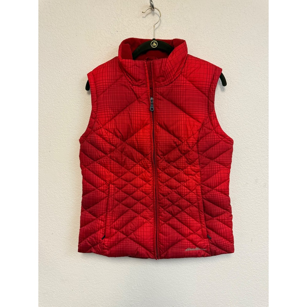 Eddie Bauer Women's Medium Red Plaid Quilted Down Puffer Vest Full Zip